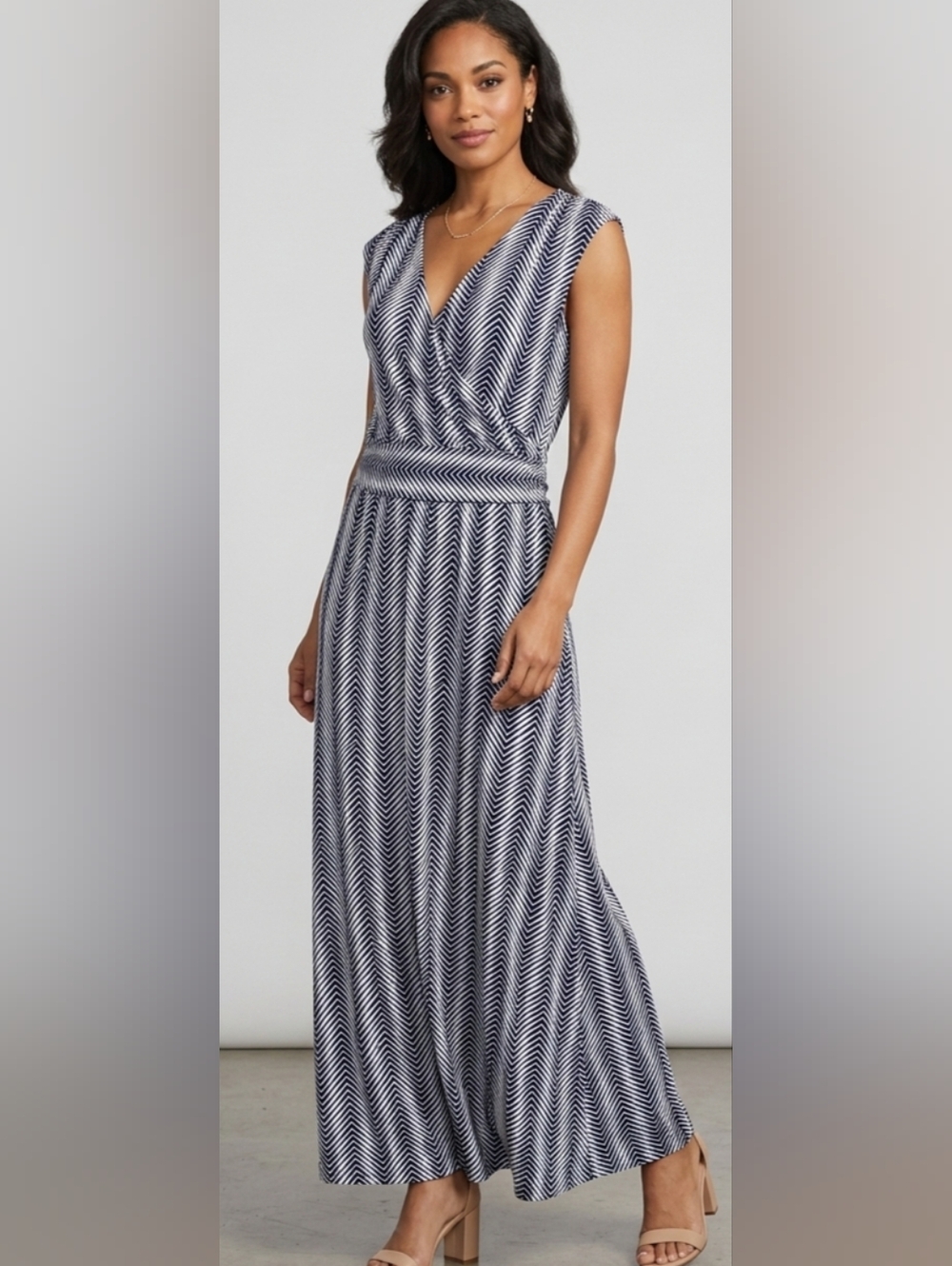 Talbots Stripe Maxi Dress Navy White Faux Wrap Stretch XL Coastal Vacation Comfy